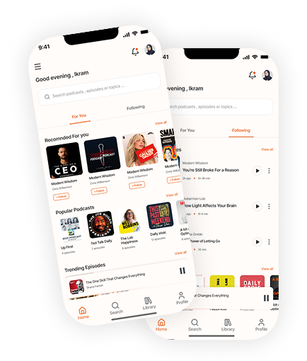 Podcast app redesign shown on two phones
