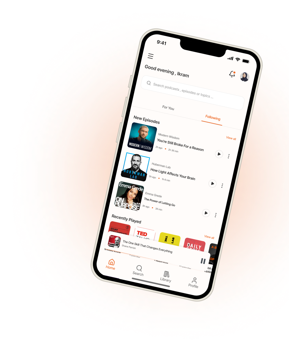 Podcast Addict redesign shown on a phone
