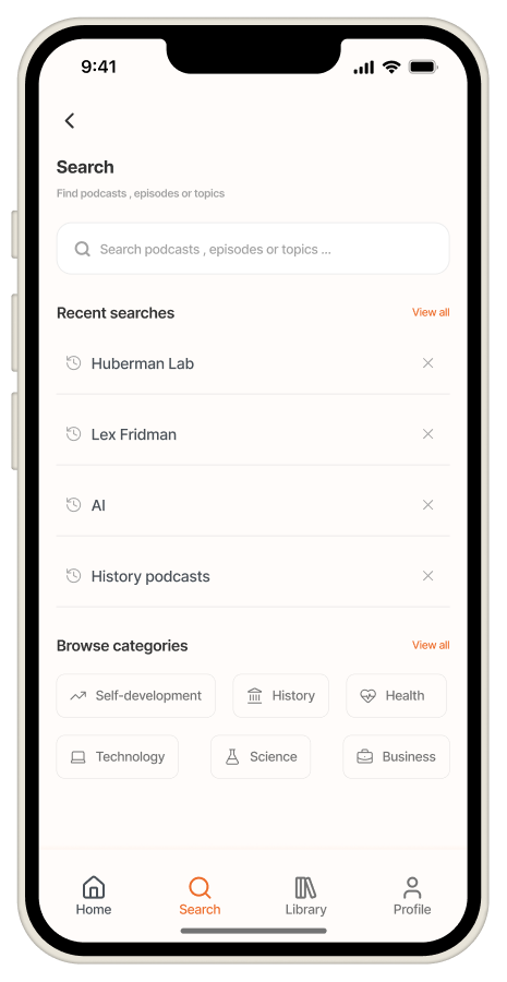 Redesigned Search screen with recent searches and categories