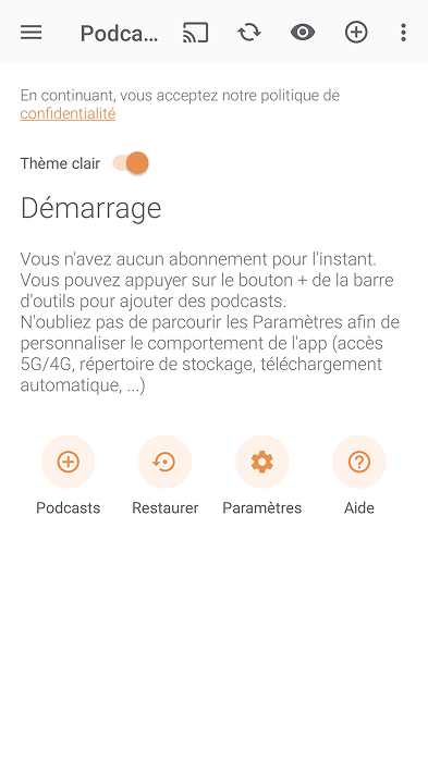 Podcast Addict first-launch screen, original design