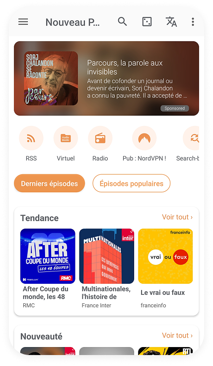 Podcast Addict home and discovery screen, original design