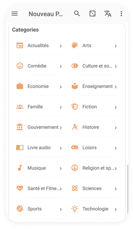 Podcast Addict category list, original design