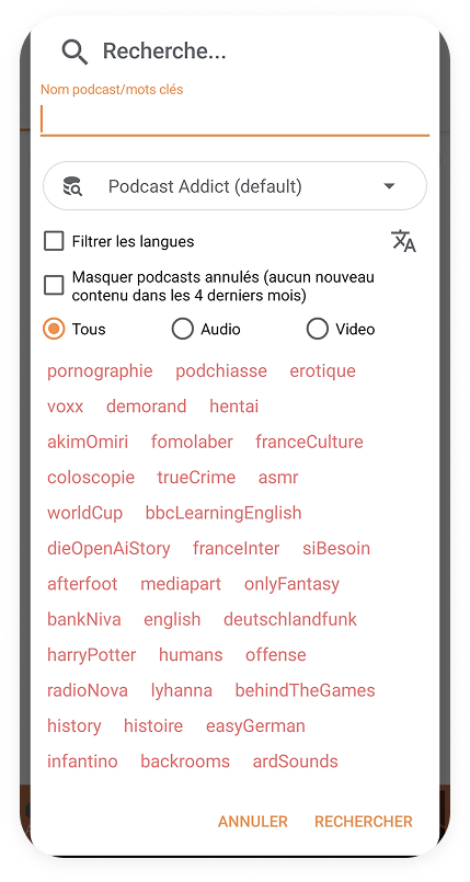 Podcast Addict search screen with advanced filters